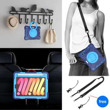 Andnary Case for 2024 iPad Mini 7 A17 Pro/2021 Mini 6 8.3 Inch Case with Built-in Pencil Holder/360° Rotating Handle Stand, Drop-Proof Cover for iPad Mini 7th/6th Generation 8.3", Navy+Blue