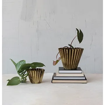 Pleated Metal Vase with Antique Brass Finish - Unique Decor