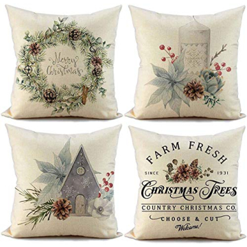 FIBEROMANCE Christmas Pillow Covers Set of 4 - Festive Candi Garland Design for Holiday Decor