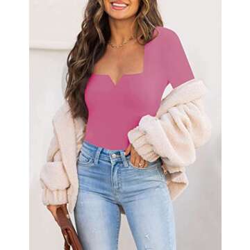 Chunpin Women's Square Neck Notch V Neck Long Sleeve Bodysuit Tops Double Lined Thong Bodysuit Rose ...
