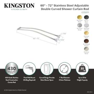 Kingston Brass CCD2177 Edenscape 60"-72" Stainless Steel Adjustable Double Curved Shower Curtain Rod, Brushed Brass