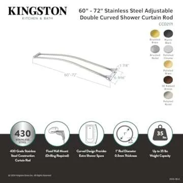 Kingston Brass CCD2177 Edenscape 60"-72" Stainless Steel Adjustable Double Curved Shower Curtain Rod, Brushed Brass