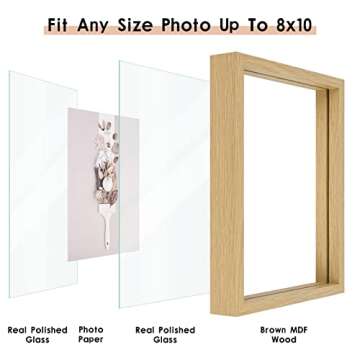 MUYE 8x10 Floating Frame Set of 2,Double Glass Rustic Photo Frame for Wall Hanging or Tabletop Standing,Display Any Size Photo up to 8x10,Natural