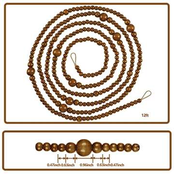 12 Feet Christmas Wooden Beads Xmas Bead Garland Round Craft Bead Garland Farmhouse Bead Garland Vintage Wooden Beads for Christmas Decoration Supplies(Coffee)