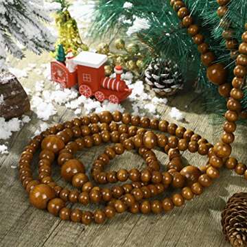 12 Feet Christmas Wooden Beads Xmas Bead Garland Round Craft Bead Garland Farmhouse Bead Garland Vintage Wooden Beads for Christmas Decoration Supplies(Coffee)