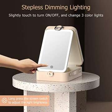 FUNTOUCH Jewelry Organizer Box with Makeup Vanity Mirror, Portable Travel Jewelry Organizer Case with Desktop Makeup Mirror, 3 Color Lights, Touch Sensor, Rechargeable LED Mirror (Beige)