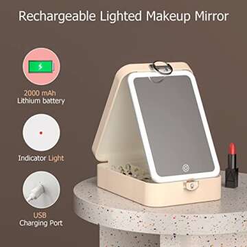 FUNTOUCH Jewelry Organizer Box with Makeup Vanity Mirror, Portable Travel Jewelry Organizer Case with Desktop Makeup Mirror, 3 Color Lights, Touch Sensor, Rechargeable LED Mirror (Beige)