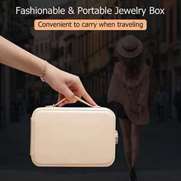 FUNTOUCH Jewelry Organizer Box with Makeup Vanity Mirror, Portable Travel Jewelry Organizer Case with Desktop Makeup Mirror, 3 Color Lights, Touch Sensor, Rechargeable LED Mirror (Beige)