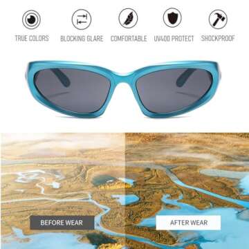 BAWUYI Fashion Y2K Wrap Around Sunglasses for Men Women 2000s Accessories Cyber Glasses Sports Biker Shades Shield (Blue Frame-Grey Lens)