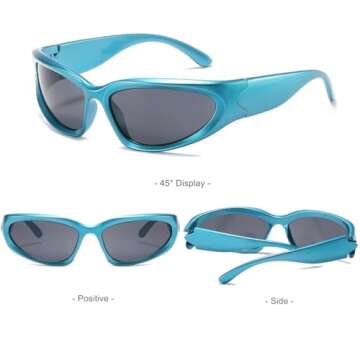 BAWUYI Fashion Y2K Wrap Around Sunglasses for Men Women 2000s Accessories Cyber Glasses Sports Biker Shades Shield (Blue Frame-Grey Lens)