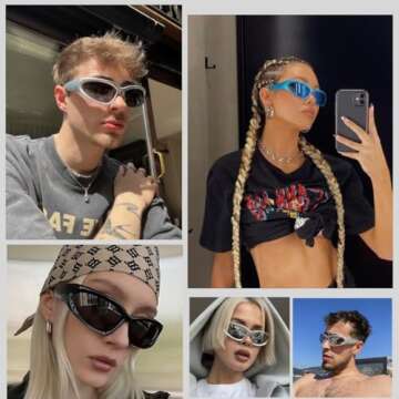 BAWUYI Fashion Y2K Wrap Around Sunglasses for Men Women 2000s Accessories Cyber Glasses Sports Biker Shades Shield (Blue Frame-Grey Lens)