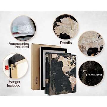 Black and White Wall Art Framed Office Vintage Wall Decor for Bedroom Home Decorations for Living Room Large Modern Maps Pictures Abstract Art Prints