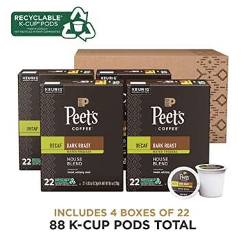 Peet's Coffee, Dark Roast Decaf Keurig K-Cup Pods - Decaf House Blend 88 Count (4 Boxes of 22 K-Cup Pods)
