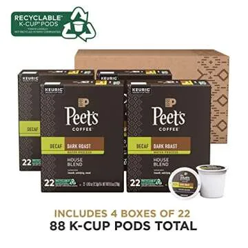 Peet's Coffee, Dark Roast Decaf Keurig K-Cup Pods - Decaf House Blend 88 Count (4 Boxes of 22 K-Cup Pods)