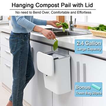 Tiyafuro 2.4 Gallon Kitchen Compost Bin for Counter Top or Under Sink, Hanging Small Trash Can with ...