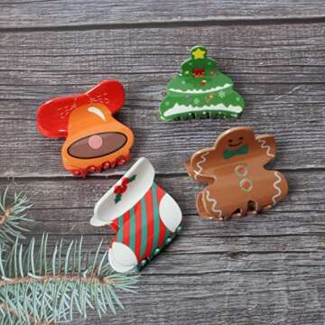 6PK Christmas Hair Accessories for Girls Cute Christmas Hair Claw Clips for Kids Christmas Tree Snowman Xmas Cap Hair Clip Boots Small Bell Hair Claws (Color A)