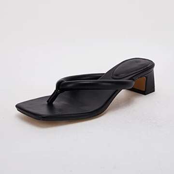 VETASTE Women's Thong Strap Leather Heeled Sandals Block Square-toe Fashion Casual Slides