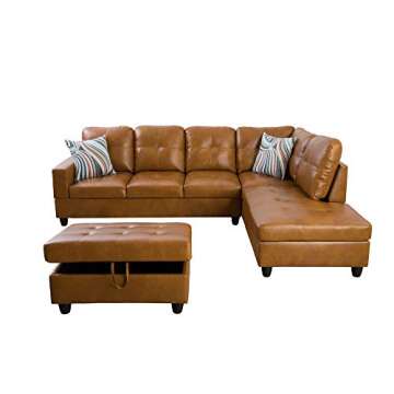 GEBADOL 103" Wide Sectional Couch Set L-Shaped Modern Sofa with Chaise Storage Ottoman and Pillows Faux Leather Right-Hand Facing Living Room Furniture Set Ginger