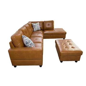 GEBADOL 103" Wide Sectional Couch Set L-Shaped Modern Sofa with Chaise Storage Ottoman and Pillows Faux Leather Right-Hand Facing Living Room Furniture Set Ginger