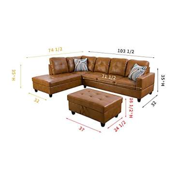 GEBADOL 103" Wide Sectional Couch Set L-Shaped Modern Sofa with Chaise Storage Ottoman and Pillows Faux Leather Right-Hand Facing Living Room Furniture Set Ginger