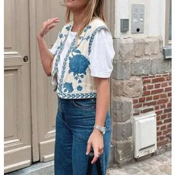 Leyajedol Women Vintage Floral Embroidered Vest Boho Chic
