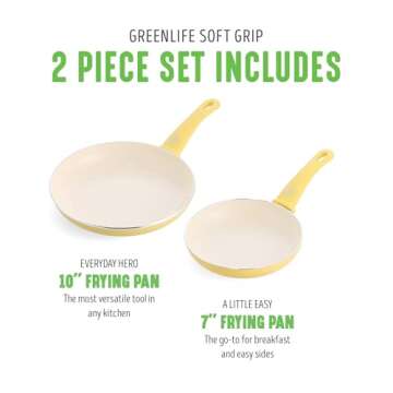 GreenLife Soft Grip Healthy Ceramic Nonstick 7" and 10" Frying Pan Set, PFAS & PFOA-Free, Dishwasher Safe, Egg Omelet Skillet, Cookware for Easy Cooking, Non-Stick Kitchen Essentials, Yellow