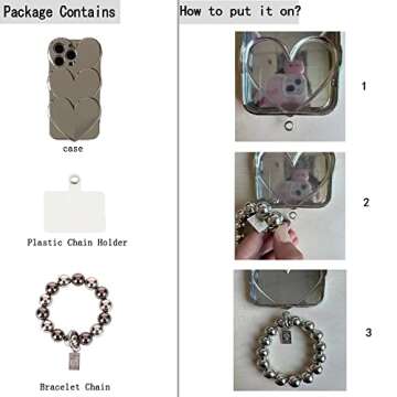 Espumoso Cute Case Compatible with iPhone 14 Pro Max 6.7'', 3D Cartoon Heart Case with Lovely Bracelet Chain Camera Protector Case Plating Soft TPU Shockproof Protective for Women & Girls (Silver)