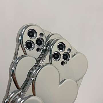 Espumoso Cute Case Compatible with iPhone 14 Pro Max 6.7'', 3D Cartoon Heart Case with Lovely Bracelet Chain Camera Protector Case Plating Soft TPU Shockproof Protective for Women & Girls (Silver)