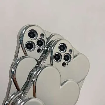 Espumoso Cute Case Compatible with iPhone 14 Pro Max 6.7'', 3D Cartoon Heart Case with Lovely Bracelet Chain Camera Protector Case Plating Soft TPU Shockproof Protective for Women & Girls (Silver)