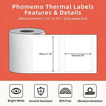 Phomemo Thermal Labels Sticker Paper, Multi-Purpose Rectangle White Self-Adhesive Tag for M110/M120/...