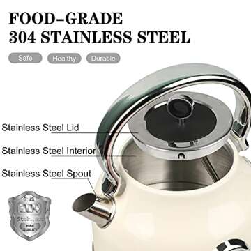 Electric Kettle Stainless Steel, Retro Water Boiler with Filter Thermometer Water Level Indicator LED Switch, Auto Shut-Off and Boil-Dry Protection (Beige)