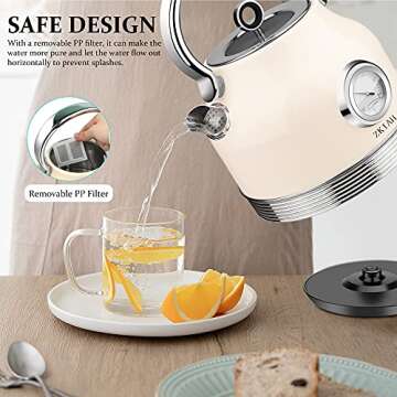 Electric Kettle Stainless Steel, Retro Water Boiler with Filter Thermometer Water Level Indicator LED Switch, Auto Shut-Off and Boil-Dry Protection (Beige)