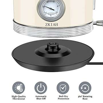 Electric Kettle Stainless Steel, Retro Water Boiler with Filter Thermometer Water Level Indicator LED Switch, Auto Shut-Off and Boil-Dry Protection (Beige)
