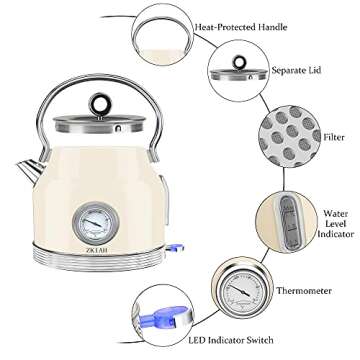 Electric Kettle Stainless Steel, Retro Water Boiler with Filter Thermometer Water Level Indicator LED Switch, Auto Shut-Off and Boil-Dry Protection (Beige)