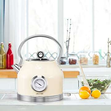 Electric Kettle Stainless Steel, Retro Water Boiler with Filter Thermometer Water Level Indicator LED Switch, Auto Shut-Off and Boil-Dry Protection (Beige)