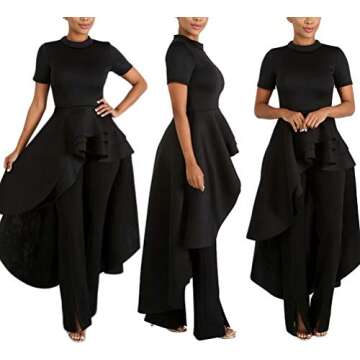 ThusFar Women Ruffle Dip Hem High Low Asymmetrical Irregular Mock Neck Short Sleeve Bodycon Tunic Tops Blouse Shirt Dress Black M