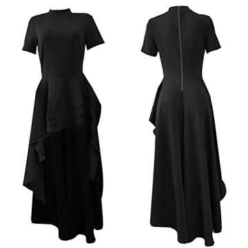 ThusFar Women Ruffle Dip Hem High Low Asymmetrical Irregular Mock Neck Short Sleeve Bodycon Tunic Tops Blouse Shirt Dress Black M
