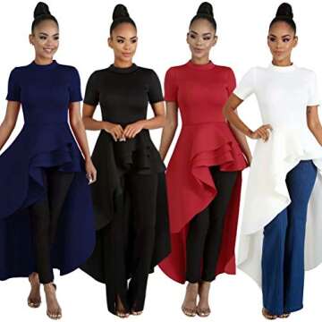 ThusFar Women Ruffle Dip Hem High Low Asymmetrical Irregular Mock Neck Short Sleeve Bodycon Tunic Tops Blouse Shirt Dress Black M