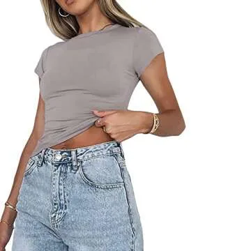 Amiblvowa Sexy Short Sleeve Top for Women Solid Slim Fitted Skims Dupes Tees Shirt Basic Crew Neck Going Out Crop Tops Y2k Clothing, B-grey Light