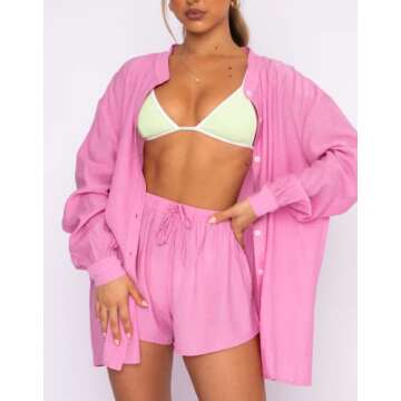 Seyumixi Women Casual 2 Piece Tracksuit Loose Button Blouse Shirt Top High Wasit Elastic Shorts Set Loungewear Summer Outfits(Button Pink,M)