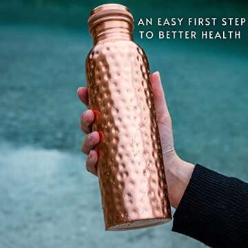 Kosdeg Copper Water Bottle - 34 Oz Extra Large - A Hammered Ayurvedic Pure Copper Vessel For Drinkin...