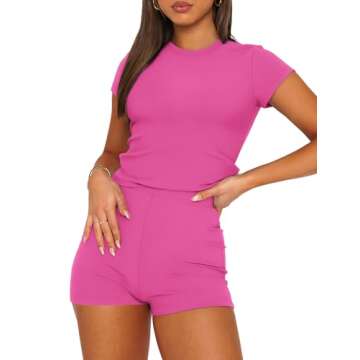 SAMPEEL Workout Sets for Women Short Sleeve Tops and Shorts 2 Piece Outfits Set Hot Pink XL