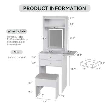 ARTETHYS Small Vanity Desk Set with 3 Adjustable Lighted Mirror and Storage Chair Mini Makeup Vaniti...