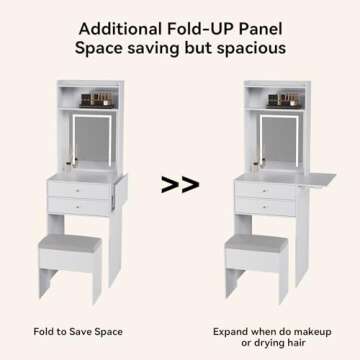 ARTETHYS Small Vanity Desk Set with 3 Adjustable Lighted Mirror and Storage Chair Mini Makeup Vanities Set for Compact Space White Dressing Table with Fold-up Panel for Bedroom