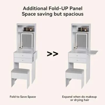 ARTETHYS Small Vanity Desk Set with 3 Adjustable Lighted Mirror and Storage Chair Mini Makeup Vanities Set for Compact Space White Dressing Table with Fold-up Panel for Bedroom