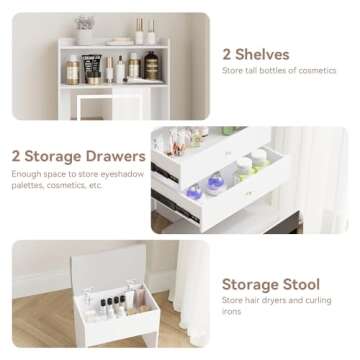 ARTETHYS Small Vanity Desk Set with 3 Adjustable Lighted Mirror and Storage Chair Mini Makeup Vanities Set for Compact Space White Dressing Table with Fold-up Panel for Bedroom