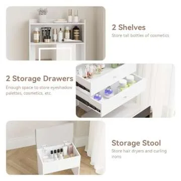 ARTETHYS Small Vanity Desk Set with 3 Adjustable Lighted Mirror and Storage Chair Mini Makeup Vanities Set for Compact Space White Dressing Table with Fold-up Panel for Bedroom