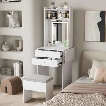 ARTETHYS Small Vanity Desk Set with 3 Adjustable Lighted Mirror and Storage Chair Mini Makeup Vanities Set for Compact Space White Dressing Table with Fold-up Panel for Bedroom