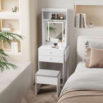 ARTETHYS Small Vanity Desk Set with 3 Adjustable Lighted Mirror and Storage Chair Mini Makeup Vanities Set for Compact Space White Dressing Table with Fold-up Panel for Bedroom