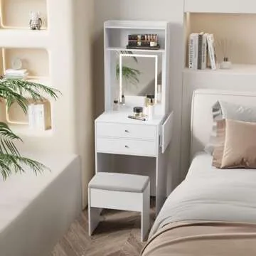 ARTETHYS Small Vanity Desk Set with 3 Adjustable Lighted Mirror and Storage Chair Mini Makeup Vanities Set for Compact Space White Dressing Table with Fold-up Panel for Bedroom